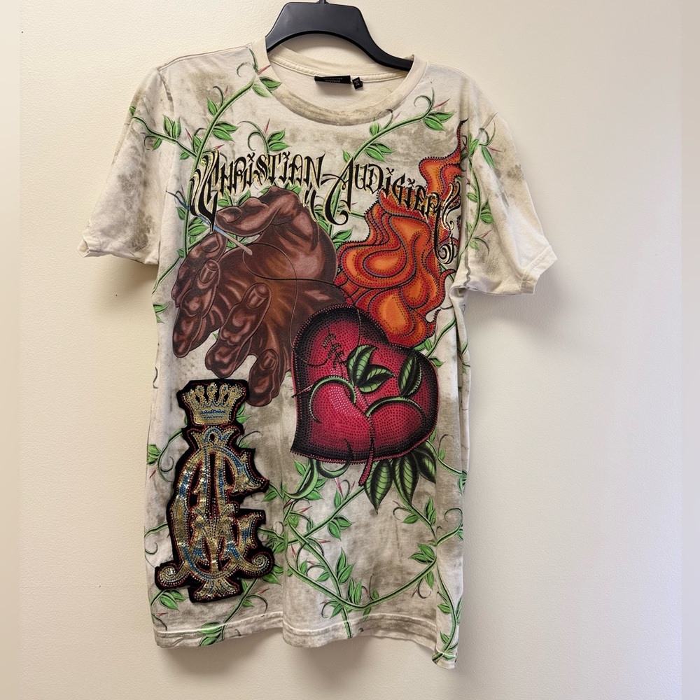 Christian Audigier Multicolor Graphic Tee - Y2K Original - Embroidered - Size L